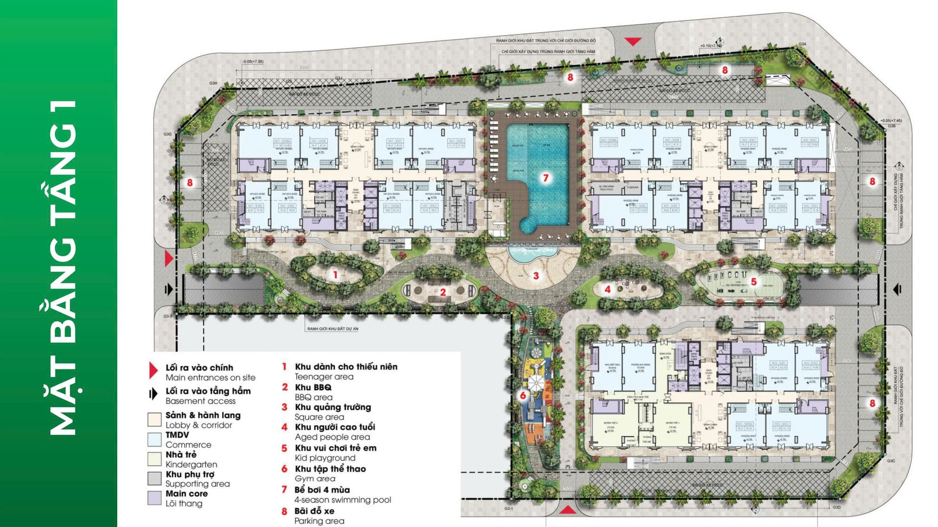 Sơ đồ mặt bằng tầng 1 dự án Jade Square, thể hiện vị trí các căn hộ, sảnh đón, lối ra vào, hồ bơi, khu tập thể thao, khu vui chơi và bãi đỗ xe, được bố trí hài hòa với cảnh quan xanh.
